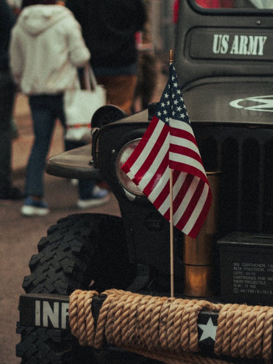 US flag on army Jeep.